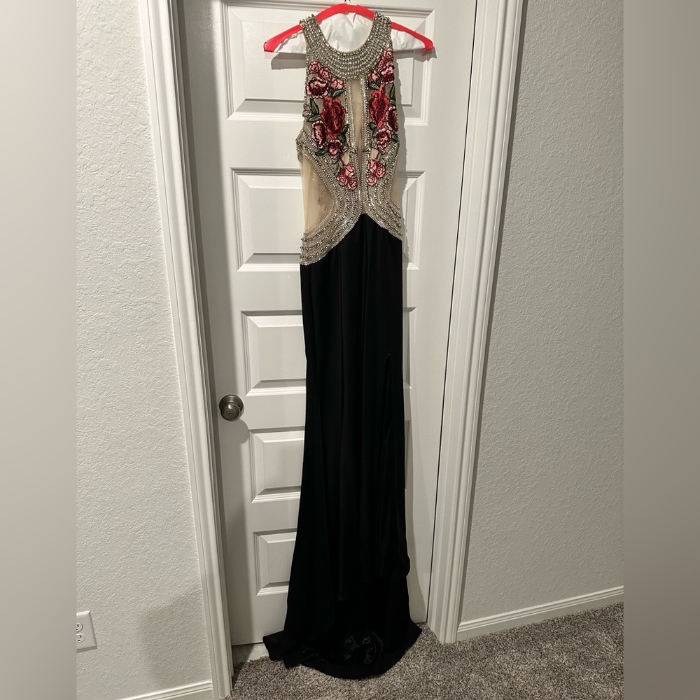 Rose embellished black gown